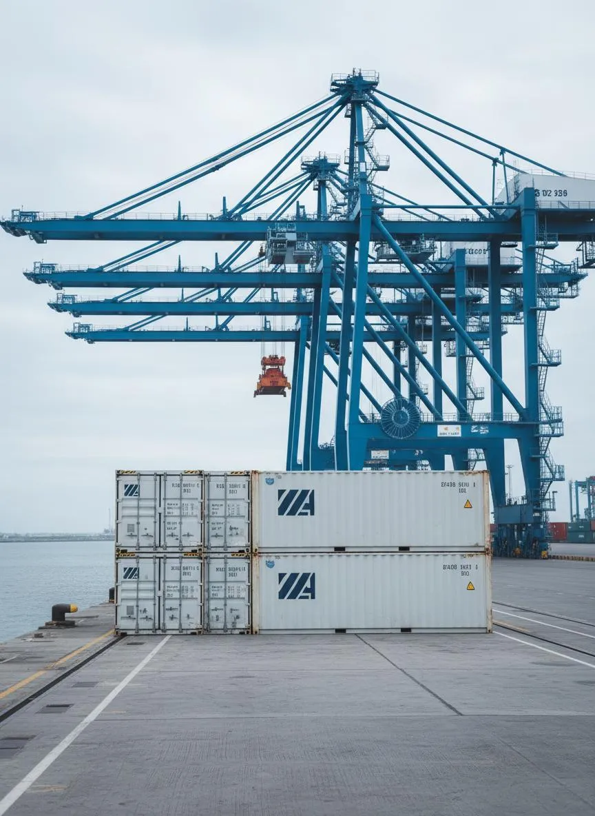 International freight shipping containers at a port facility